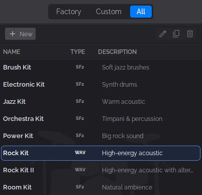 Kit library The Beat Studio kit browser listing factory and custom kits — brush, electronic, jazz, orchestra, power, rock, and room kits — with their sound format and description.