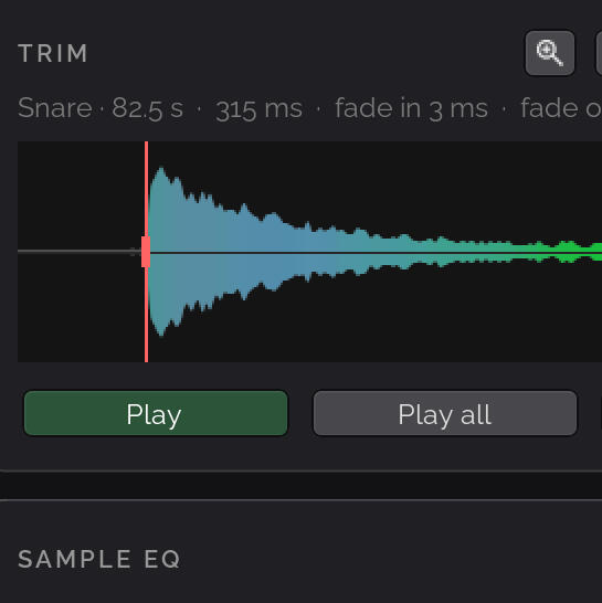 Building a kit from a song Individual drum hits sliced from a song's drum stem, shown as waveforms with trim controls and a preview button for each sample.