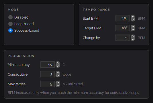 Automatic tempo training Beat Studio's automatic tempo training set to success-based mode, raising the BPM only after a minimum accuracy is reached across consecutive loops.