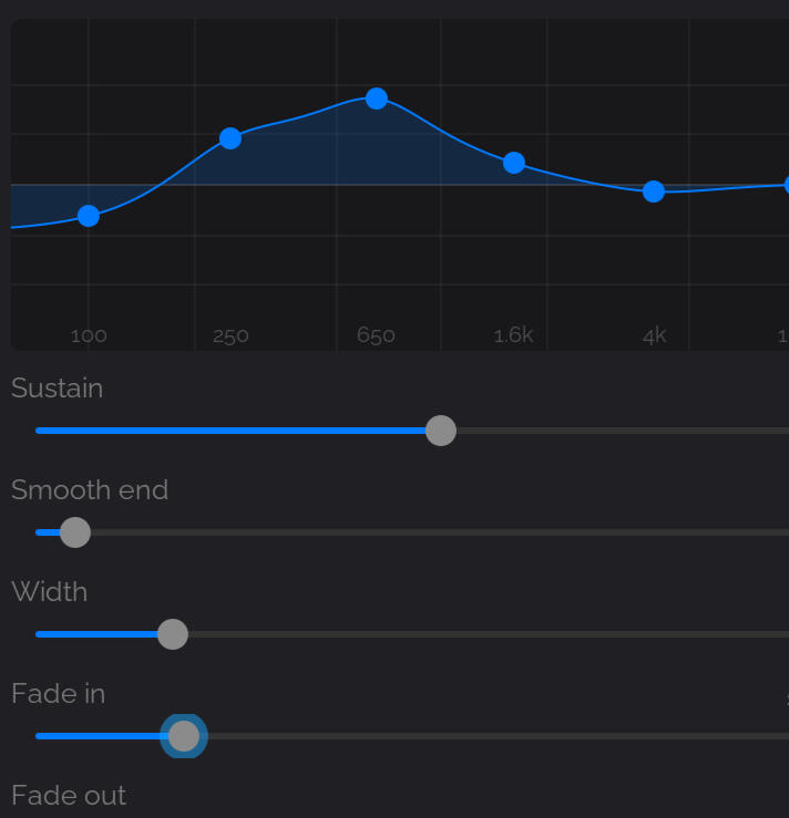 Sample EQ and shaping The Beat Studio sample editor showing an EQ curve across the frequency range, with sustain and smooth-end controls below.